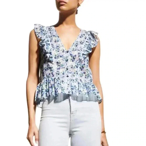 NWT Veronica Beard Araya Floral Flutter-Sleeve Peplum Top Cobalt Blue Multi 8 - Picture 3 of 8